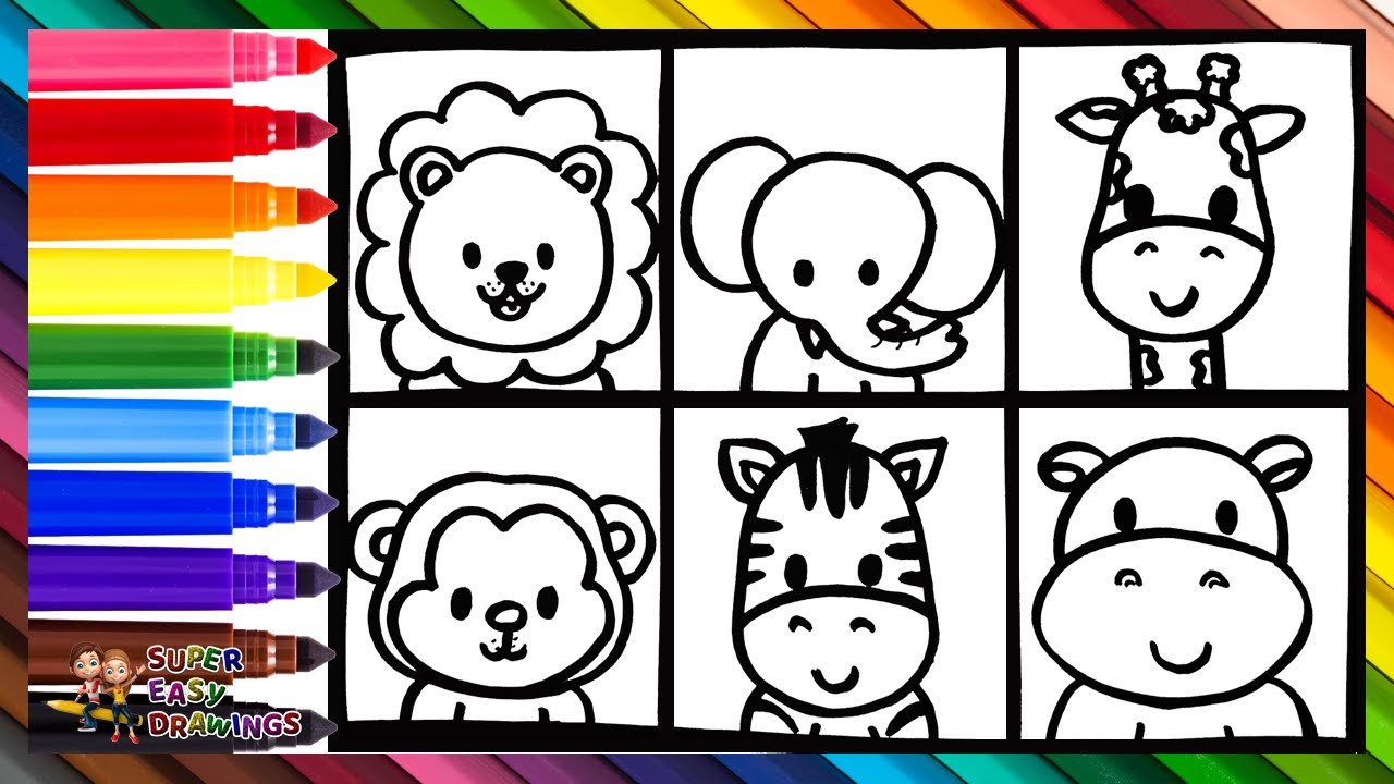 Drawing and Coloring Wild Animals 🦁🐘🦒🐵🦓🦛🌈 Drawings For Kids