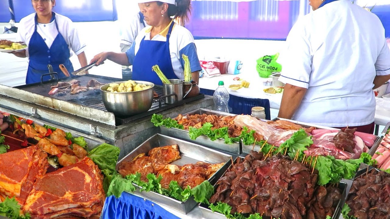 Lima, Peru, Street Food. Great Grill of Meat, Liver Skewers and more. Peruvian Food