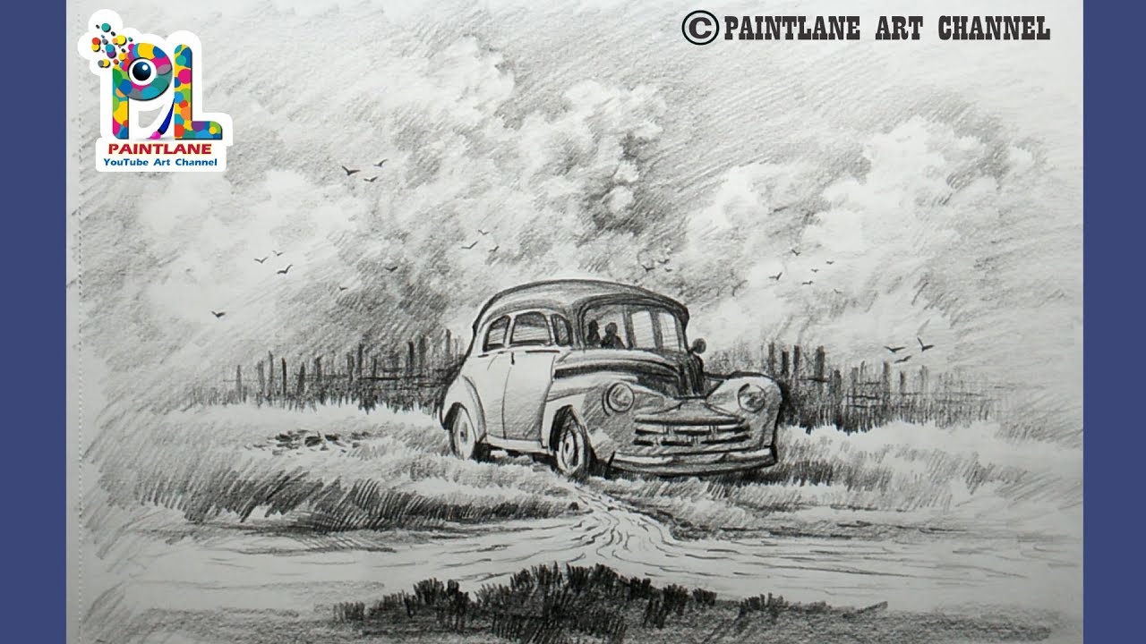 How to draw Scenery Art with A Old Car | Pencil Sketching and Shading