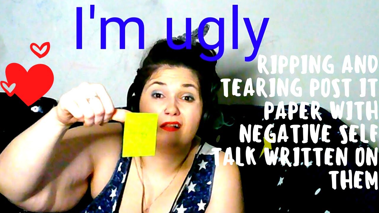 ASMR Ripping & Tearing Post It Notes (Paper) With Negative Self Talk Thoughts Written On Them