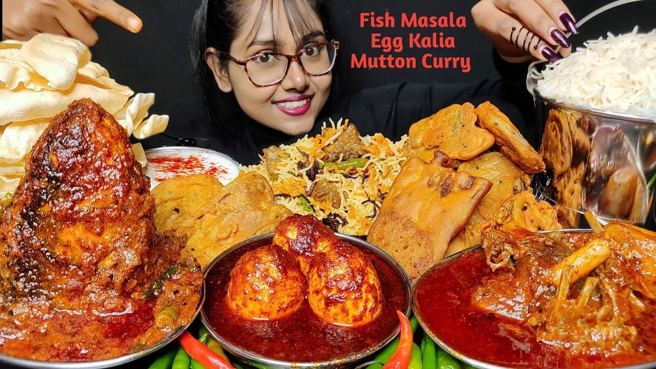 Eating Fish Masala, Egg Kalia, Mutton Curry, Mutton Biryani | Big Bites | Asmr Eating | Mukbang