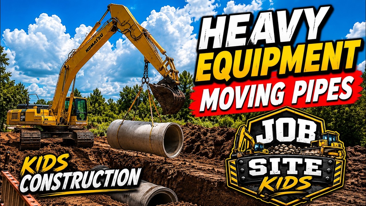 JOB SITE KIDS! Heavy Equipment Moving Pipe!! Kids Construction!