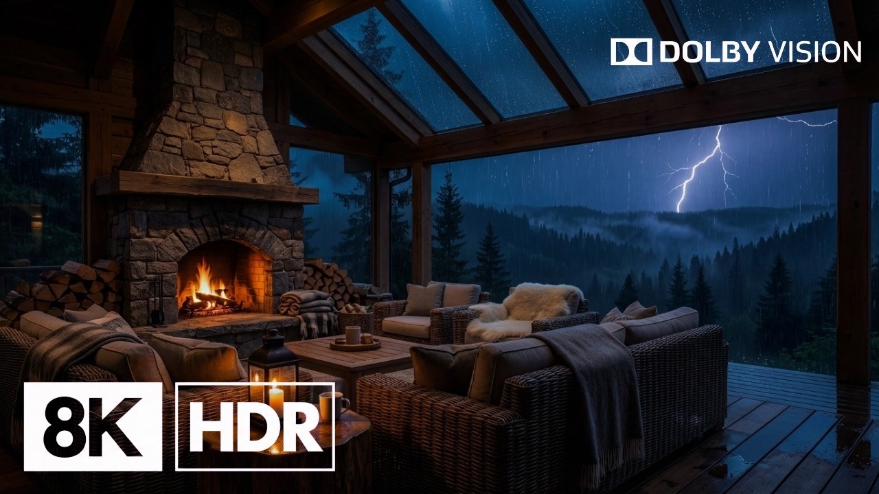 8K Cozy Stormy Cabin Ambience ⛈️🔥 – 2 Hours of Rain, Thunder & Fireplace