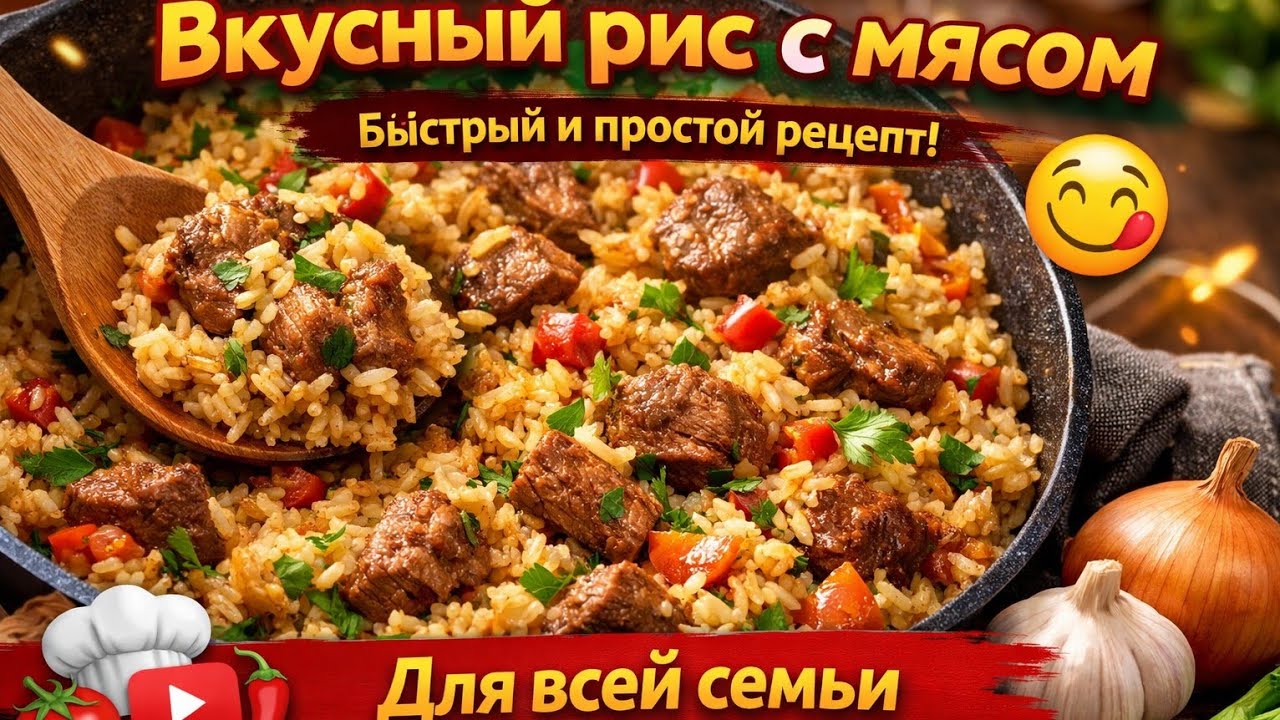 Вкусный рис с мясом на сковороде 😋 Быстрый и простой рецепт для всей семьи