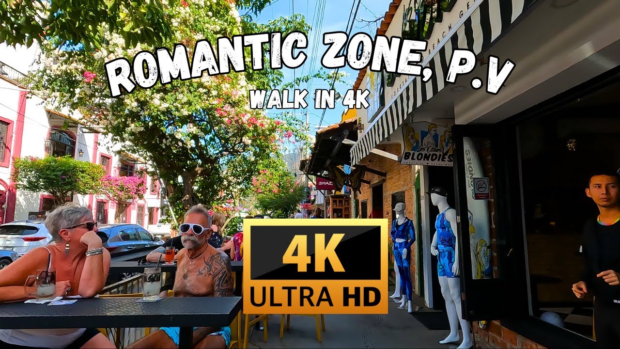 A walking tour of the Romantic Zone in Puerto Vallarta 4k. (Zona Romantica)