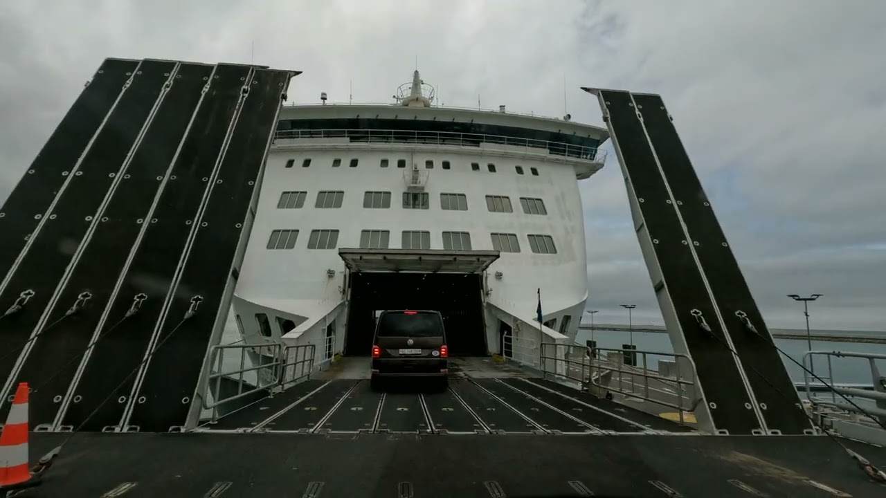 Driving onto DFDS Ferry. From Calais, France to Dover, United Kingdom