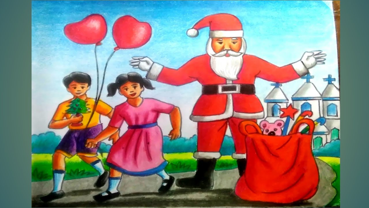 How to draw christmas festival scenery with oil pastels||santa claus drawing