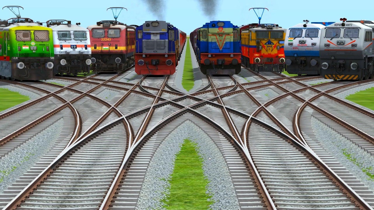 8 Trains Crossing At Bumpy Curves Railroad Tracks | top of steam train running | running are game