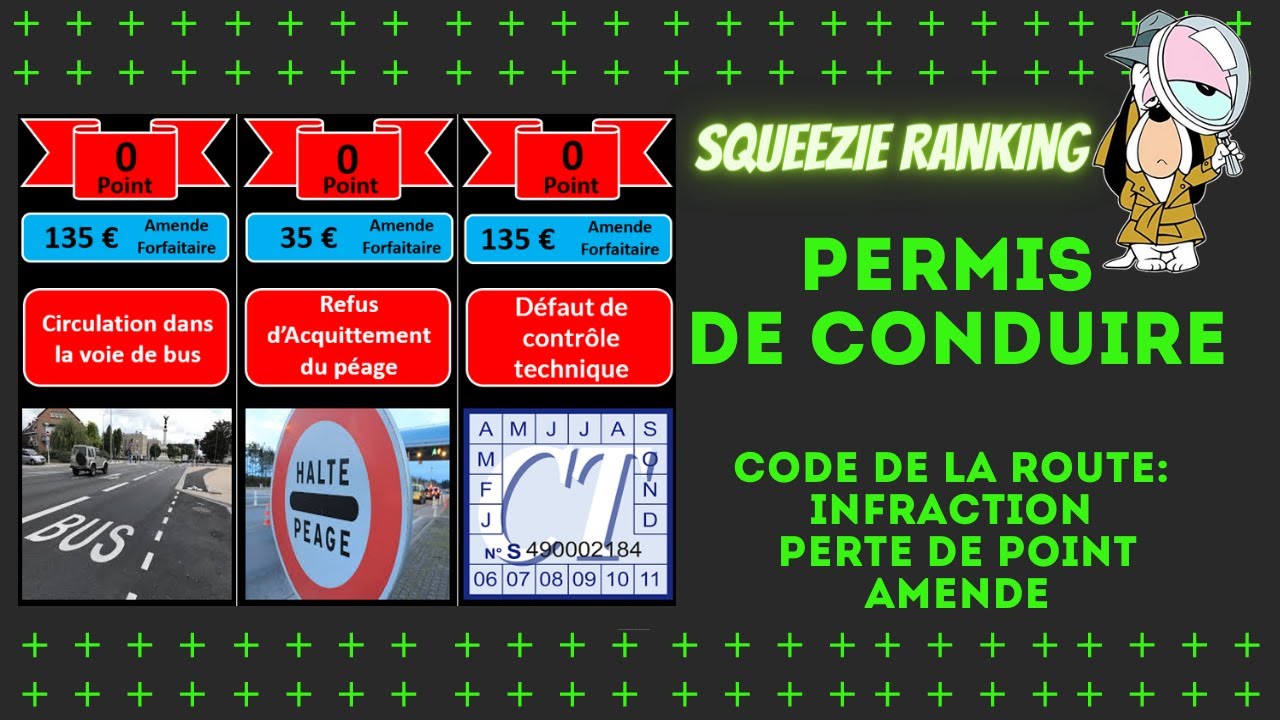 SQUEEZIE RANKING / PERMIS DE CONDUIRE - CODE DE LA ROUTE:  Infraction - Perte de point - Amende