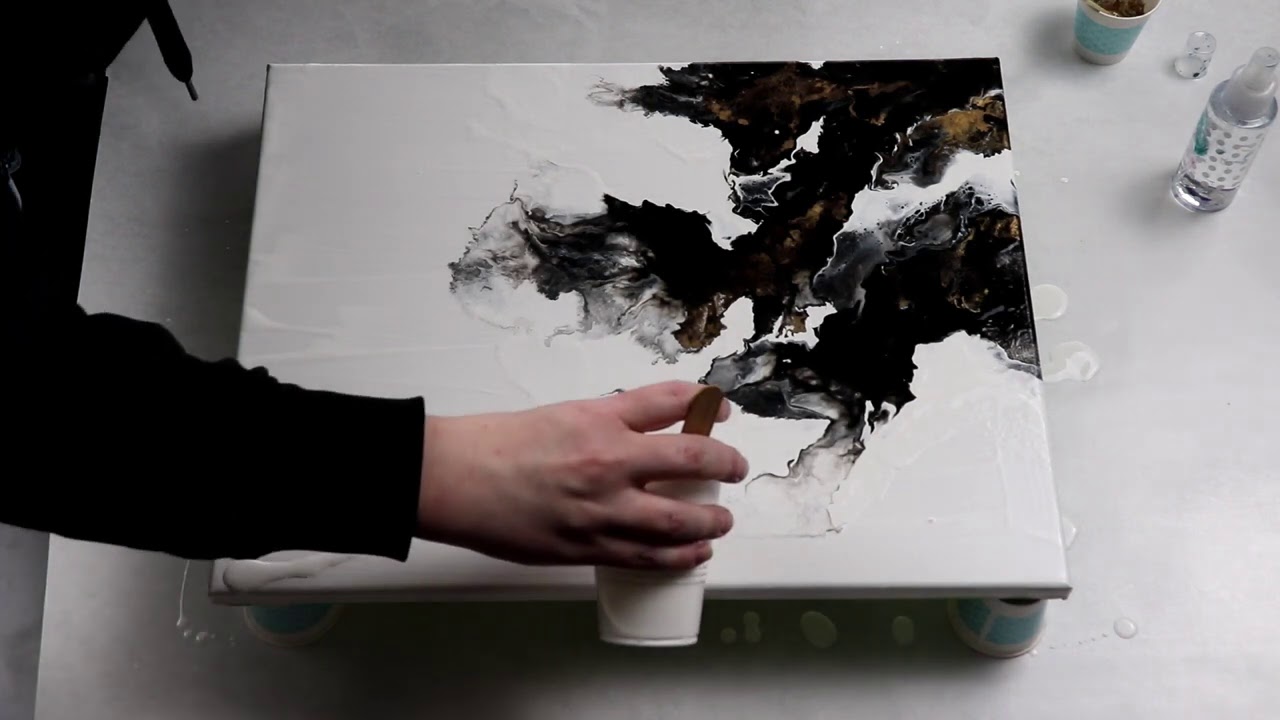 (517) Black, White and Gold Airbrushed Acrylic Pour Painting, Abstract Acrylic Art