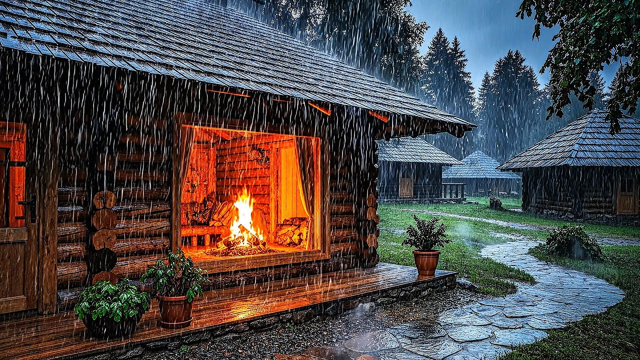 Torrential Rain Storm Outside a Cozy Wooden Shelter 🌧️🔥 | Deep Sleep & Relaxing Fireplace Sounds