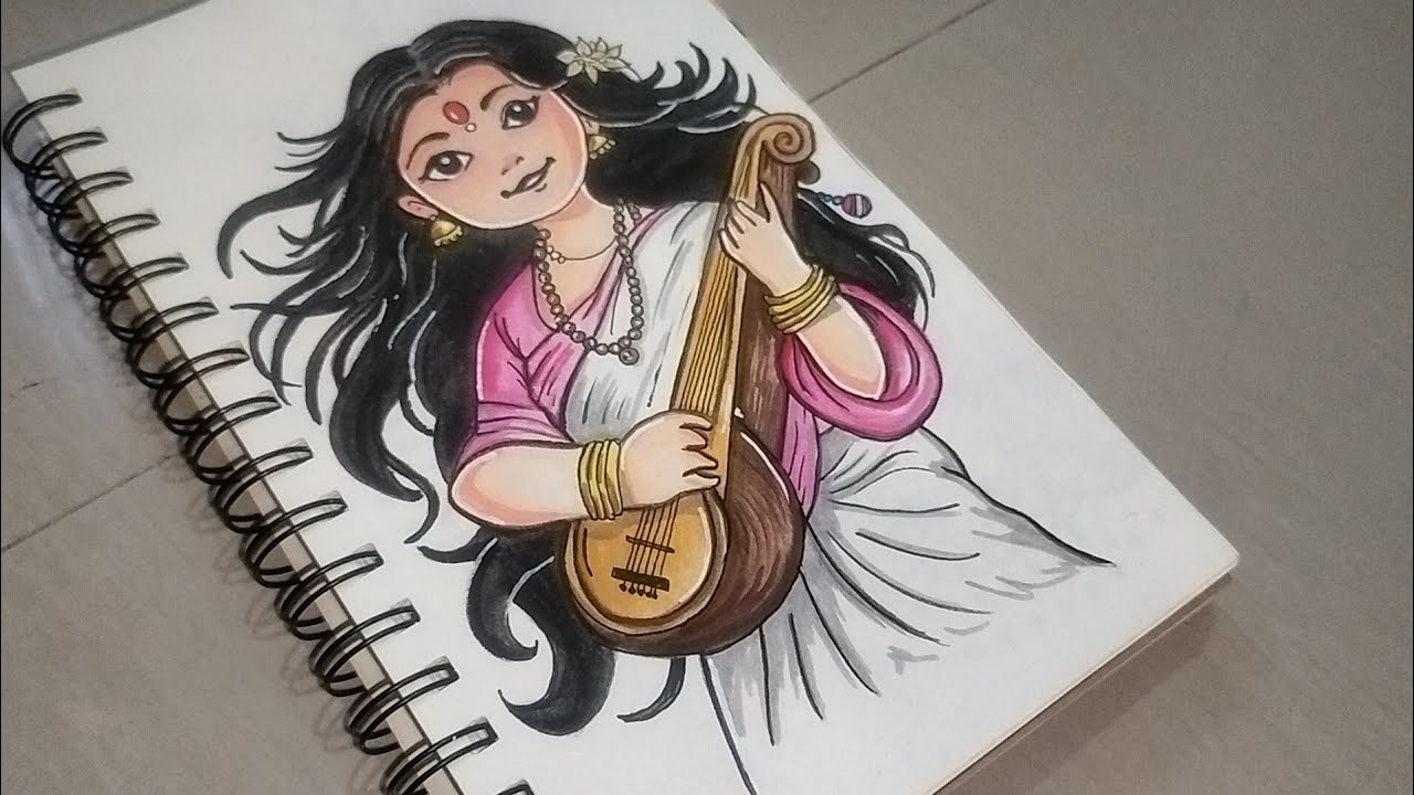 How to draw Saraswati Mata drawing | Step by step tutorial | Saraswati Puja drawing 