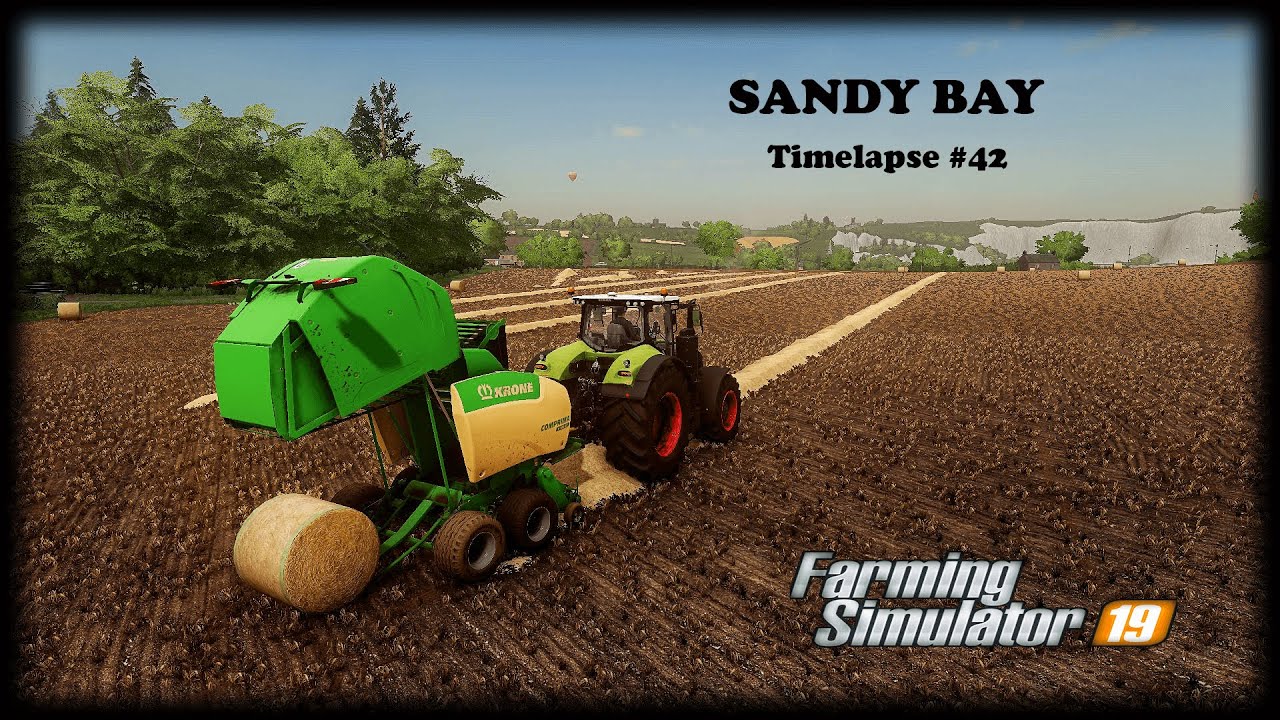 Harvesting wheat, baling/collecting straw bales, mowing grass | Sandy Bay | FS19 Timelapse #42