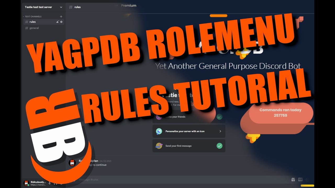 Setting up your Yagpdb bot to force people to acknowledge your Discord rules. Set up a role menu!
