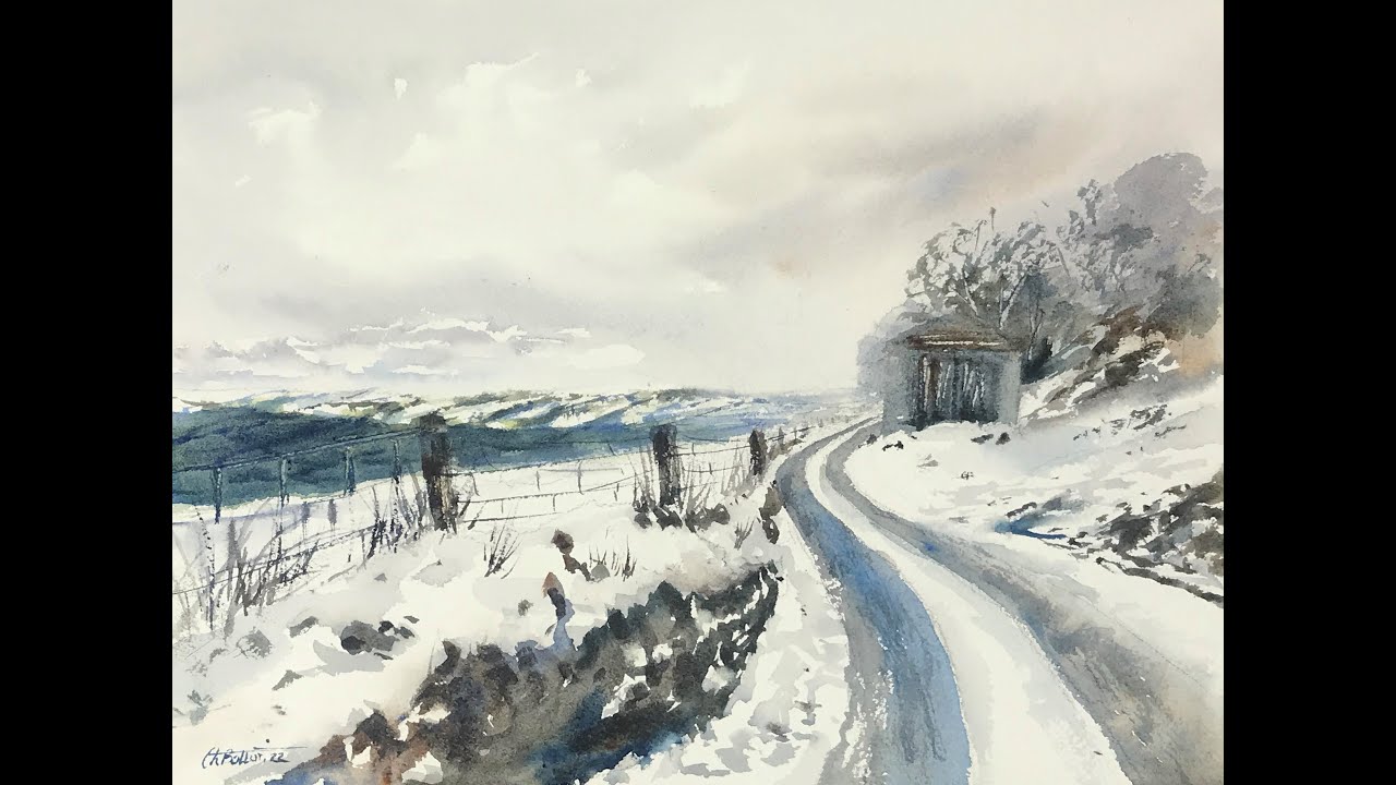 Snowy landscape, Ireland. Watecolor painting full process video.