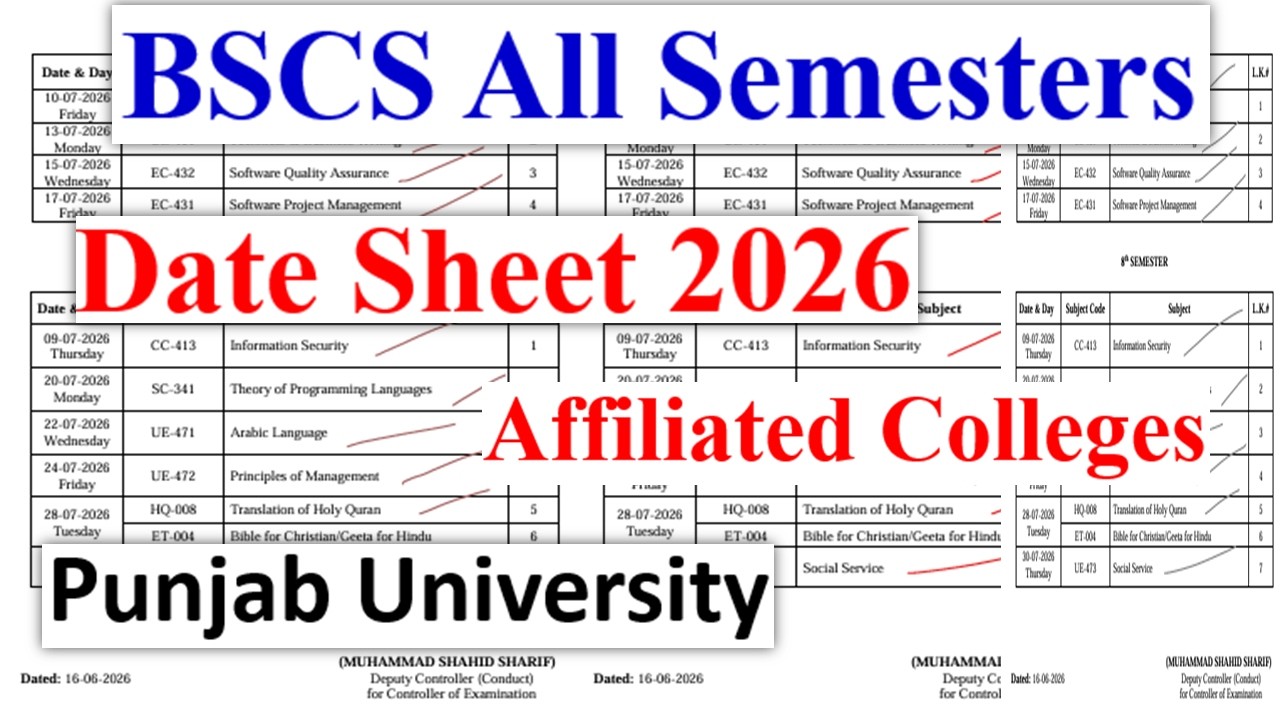BSCS 1 to 8 Semesters Date Sheet 2026 PU | BSCS All Semesters Classes DateSheet | PU Exams 2026