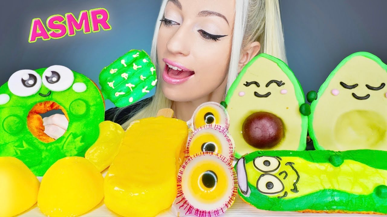 ASMR EATING GREEN & YELLOW FOOD, ICE CREAM, CAKE, MARSHMALLOW (DESSERT) MUKBANG, 컬러 먹방, 도넛 먹방