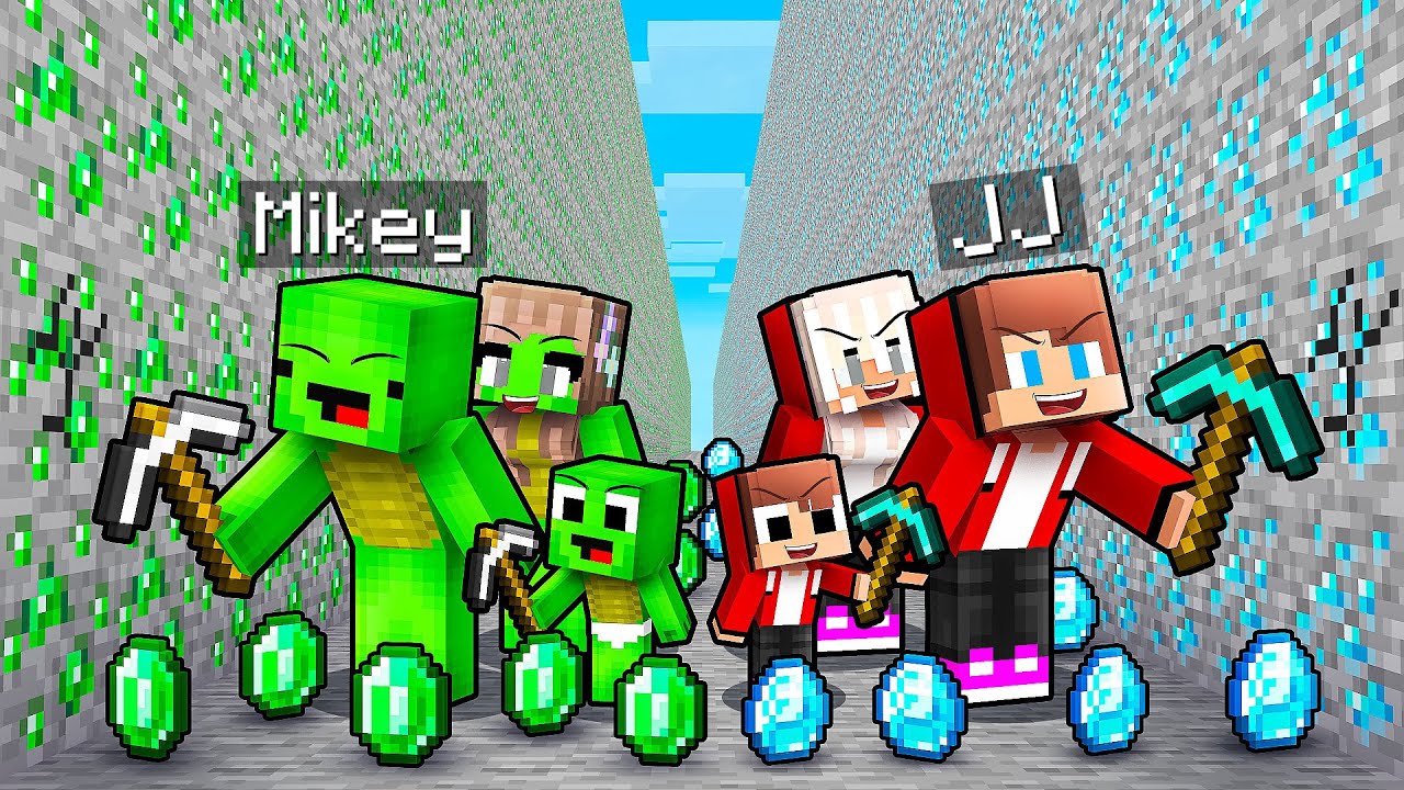 JJ and Mikey: EMERALD vs DIAMOND Family Mine Battle in Minecraft - Maizen