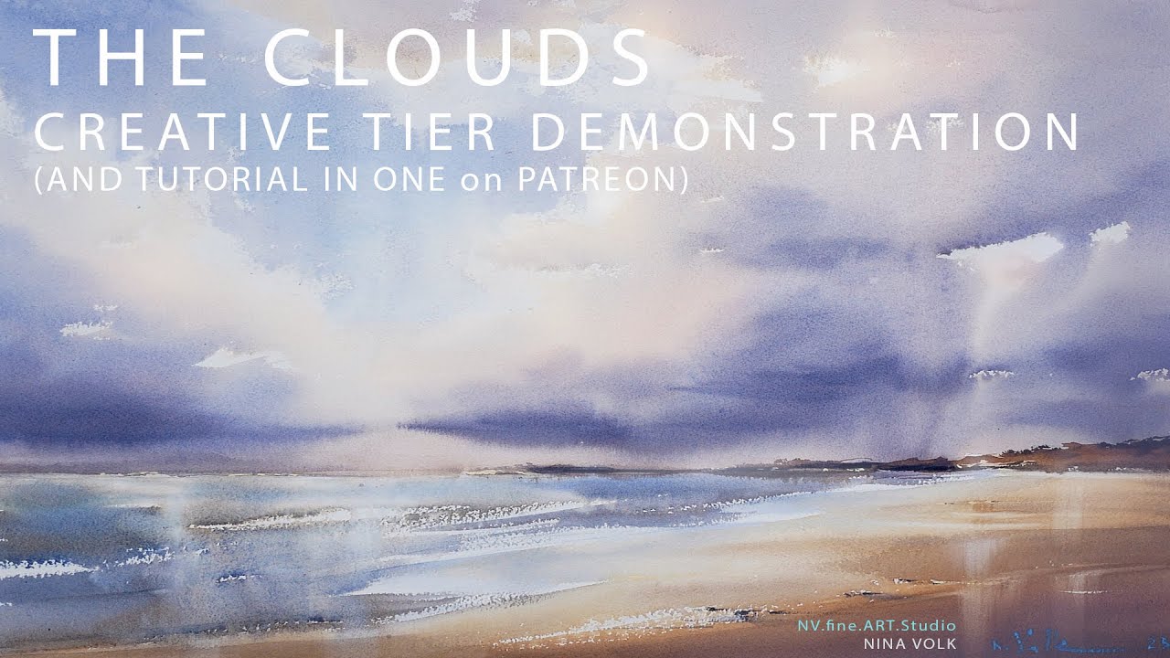 The Clouds Watercolor Painting Seascape Sky Sea Wet Sand Loose technique