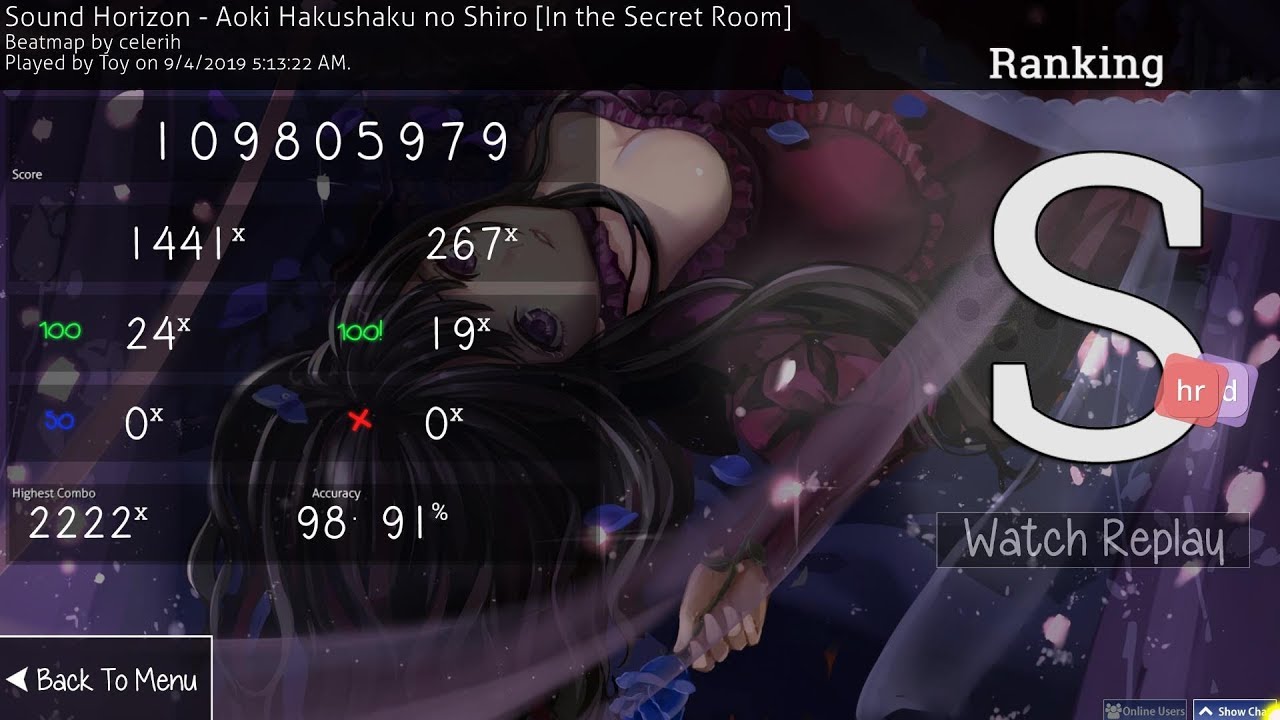 osu! | Toy | Sound Horizon - Aoki Hakushaku no Shiro [Secret Room] +HDHR 98.91% 2nd ever FC 444pp #1