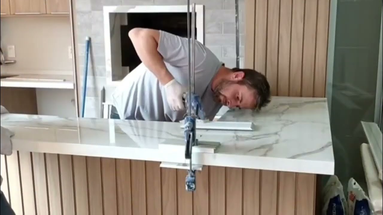 On-site processing of small porcelain slab kitchen countertops