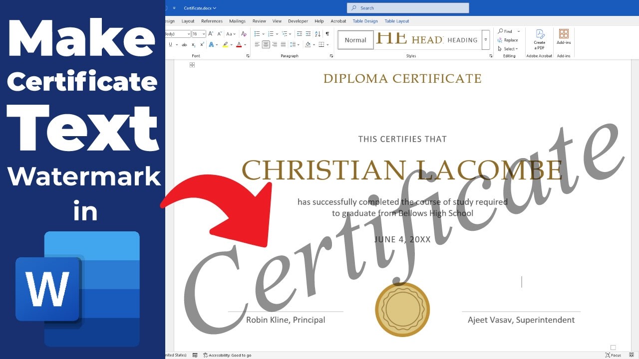 Как создать текстовый водяной знак на сертификате в MS Word