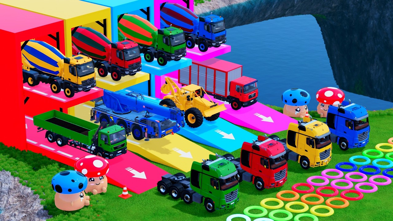 Garage with Colors - LARGE MIXER TRUCK with DOUBLE FLATBED TRAILER TRUCK, SCANIA, MACK, MAN VOLVO