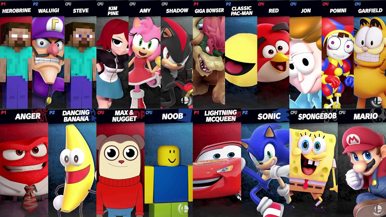Sonic vs Mario vs Spongebob vs Mcqueen | Steve vs Herobrine vs Shadow in Super Smash Bros Ultimate