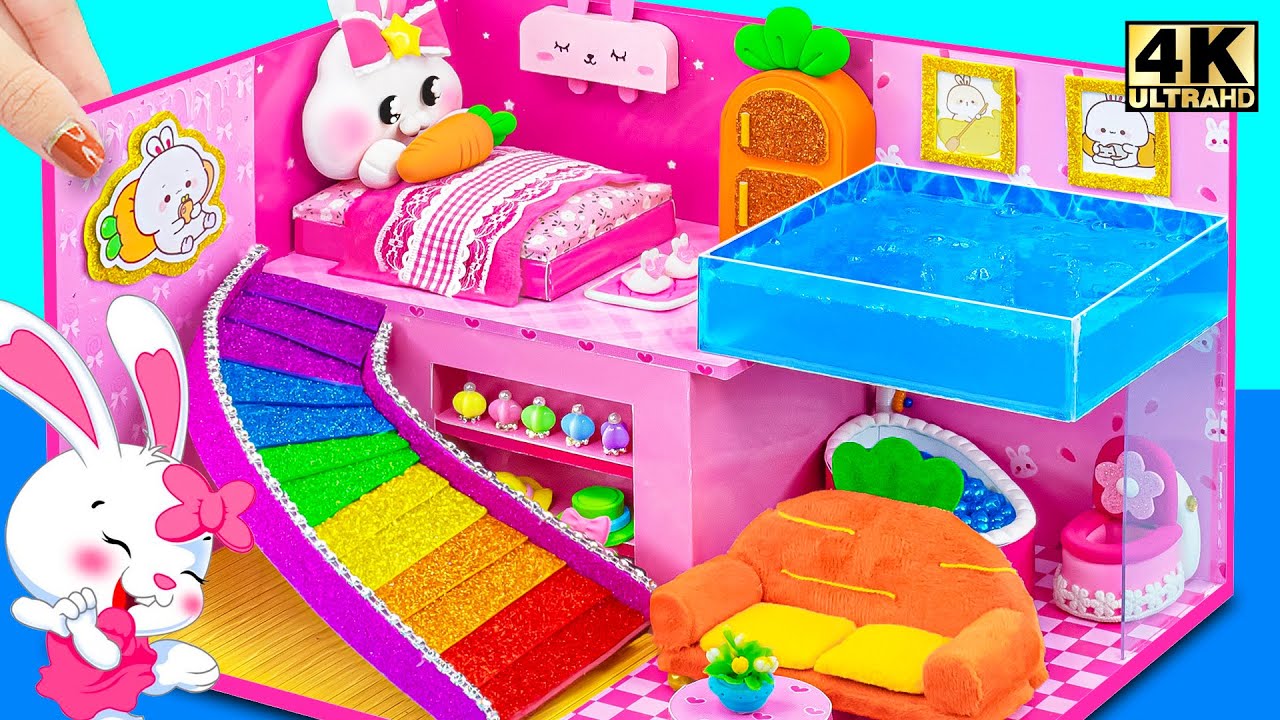 How To Make Pink Bunny House with Bedroom, Infinity Pool from Cardboard ❤️ DIY Miniature House