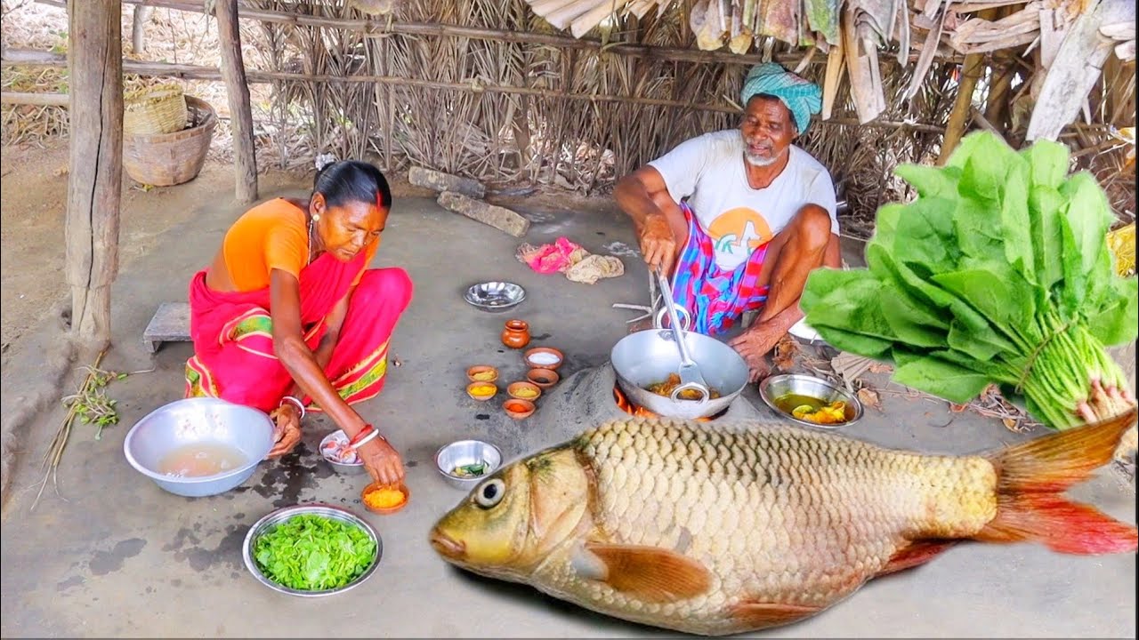 Santali tribe old couple cooking AMERICAN ROHU FISH and PALONG DAL recipe for their lunch