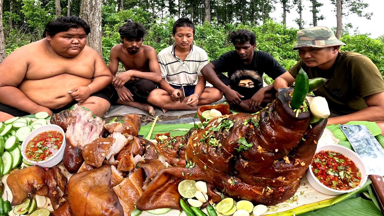 Cooking and Eating in Nepali Style Sungur ko Tauko MUKBANG in Jungle at our Survival Area