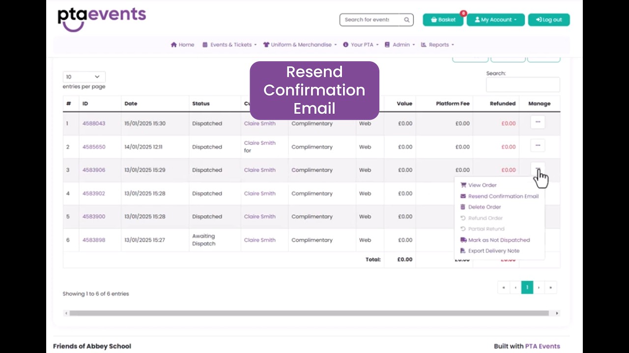 PTA Events Tutorials - How can I resend an order confirmation email
