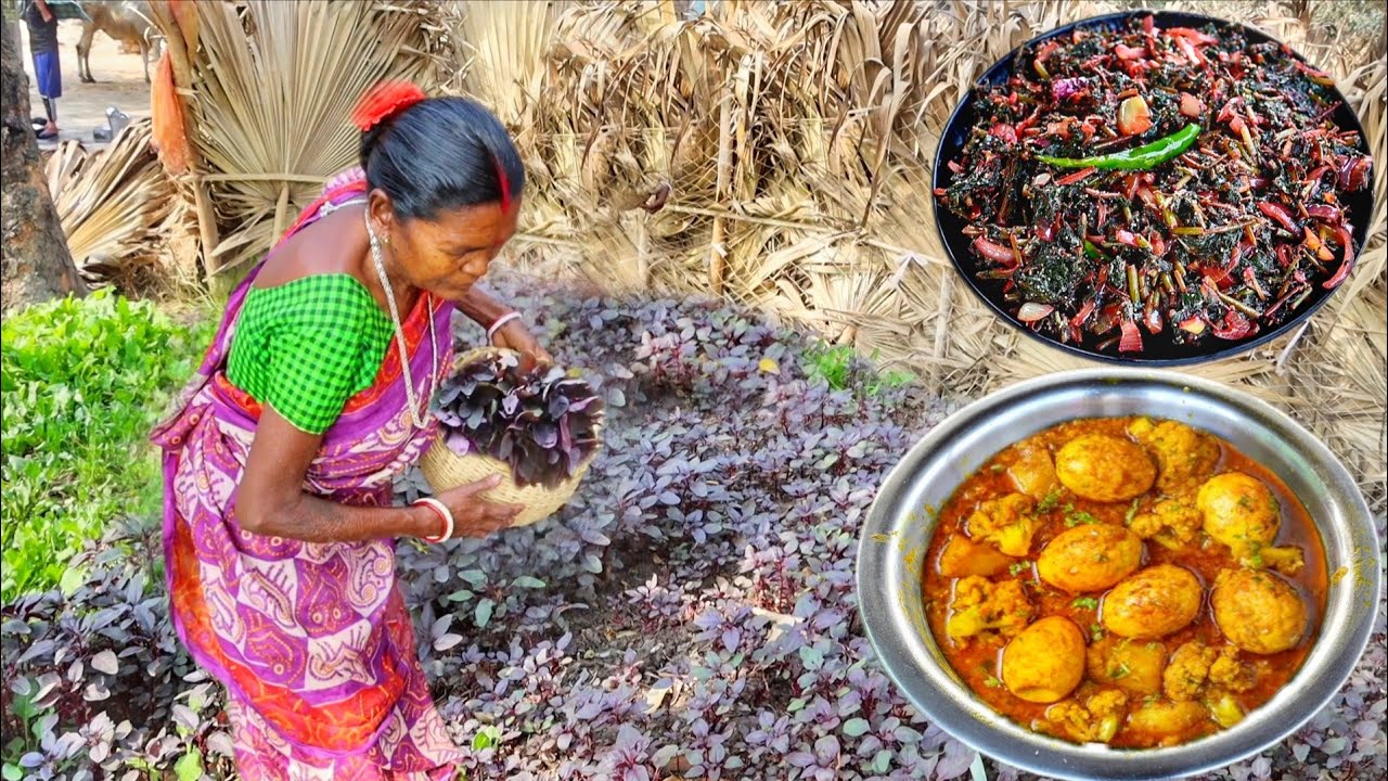 FARM FRESH LAL SHAK VAJI and EGG CAULIFLOWER CURRY recipe cooking for lunch by santali grandmaa
