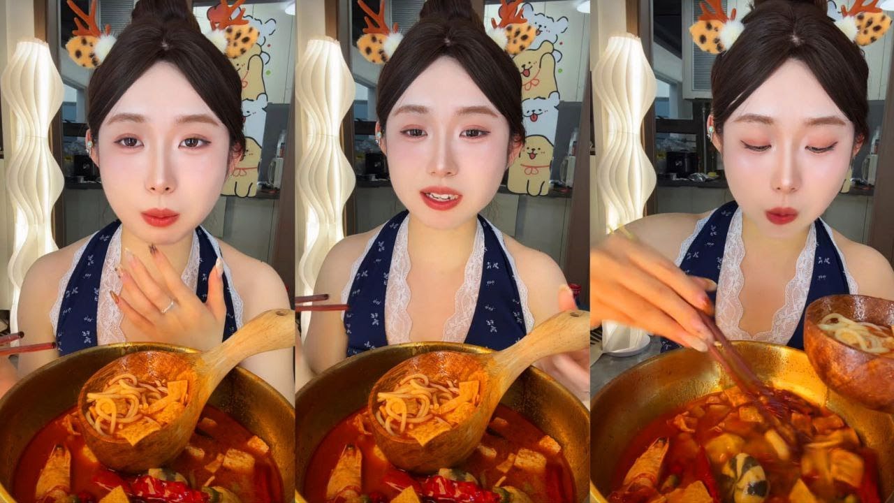 ASMR MUKBANG Korean Spicy Seafood Noodles Hot Pot & Giant Ladle Eating Sounds