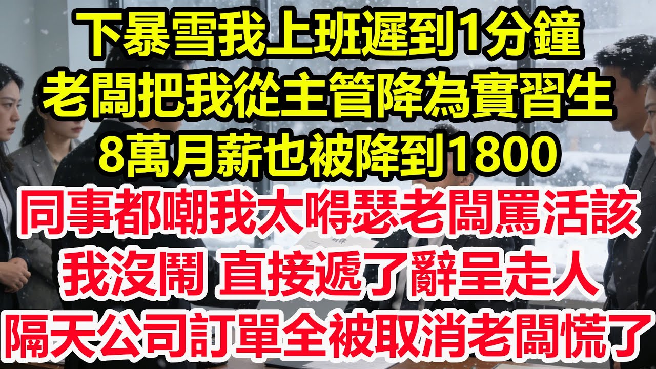 下暴雪我上班遲到1分鐘，老闆把我從主管降為實習生，8萬月薪也被降到1800，同事都嘲我太嘚瑟老闆罵活該，我沒鬧直接遞了辭呈走人，隔天公司訂單全被取消老闆傻眼了！#情感 #爽文 #職場 #生活 #總裁
