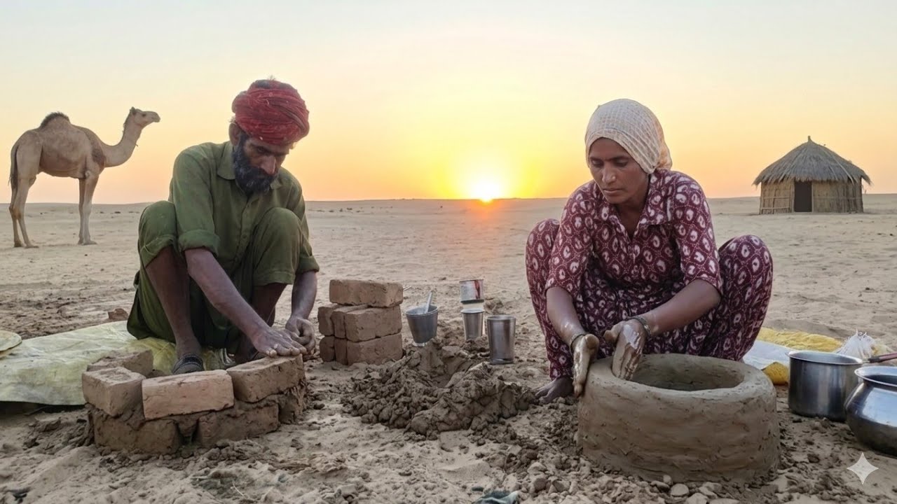 Desert Survival Life | Nomadic Couple Building a Mud Stove in the Thar Desert