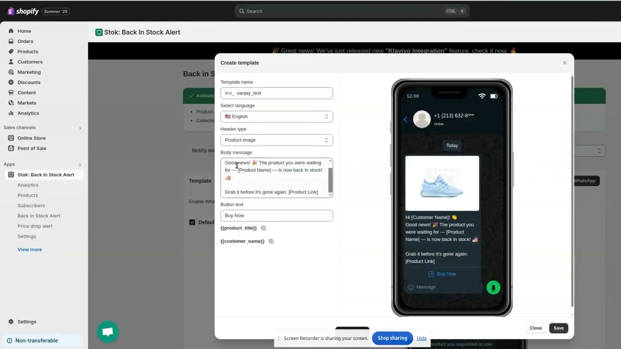 Back in Stock alert: WhatsApp template