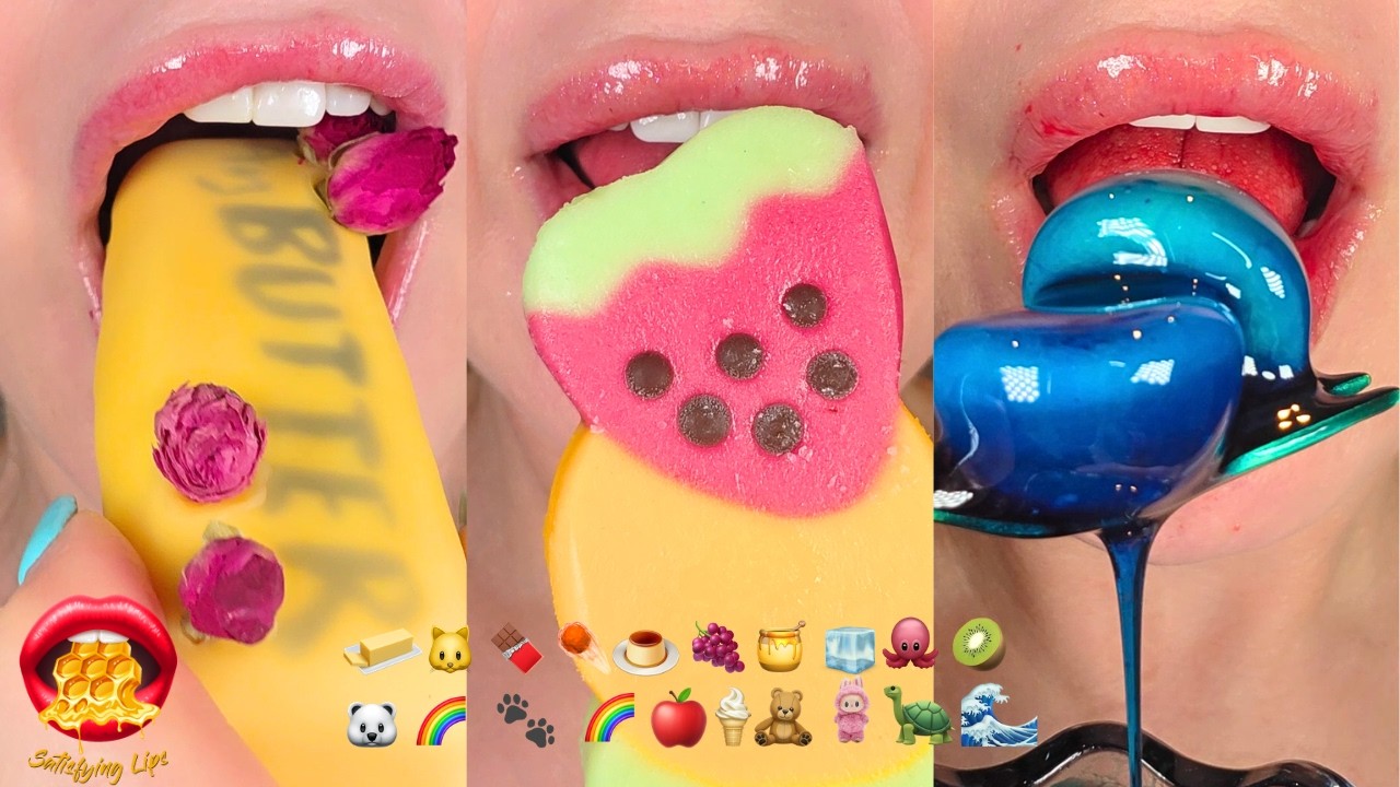 MOST SATISFYING! ASMR Eating Emoji Food Challenge frozen Honey Wax Candy