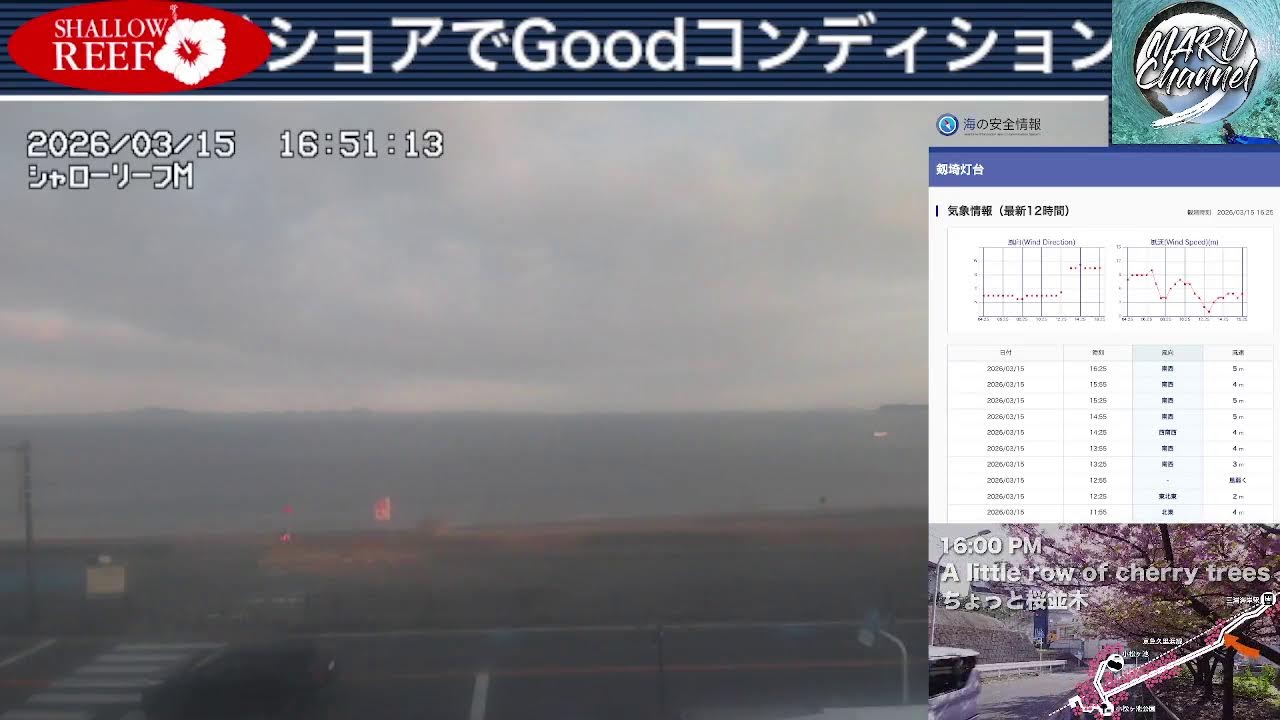 【🔴ライブカメラ配信】津久井浜海岸 三浦海岸 風情報 Yokosuka-Miura Beach Live 2026/3/15 横須賀・三浦スラロームシリーズ2026【波音BGM】