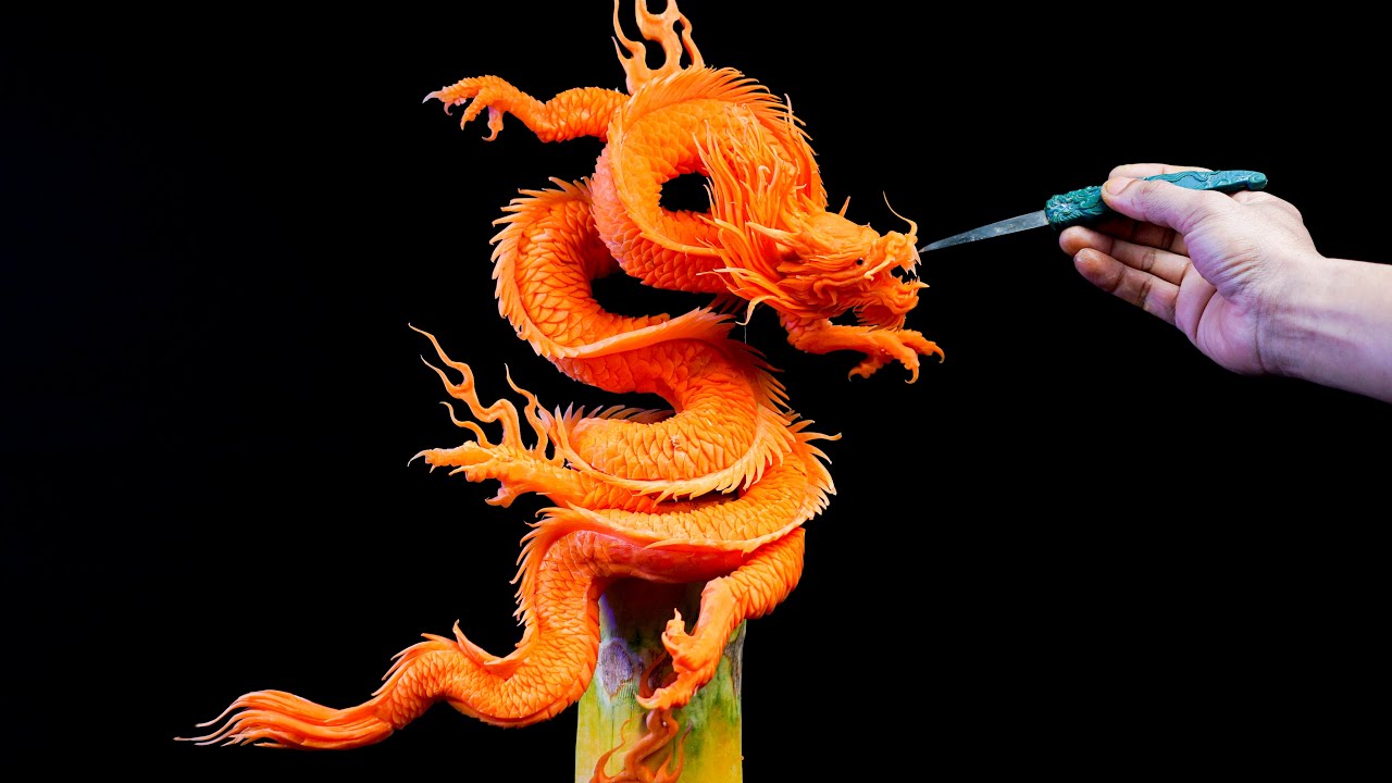 Stunning Dragon Carved from Carrots | Vegetable Carving Art