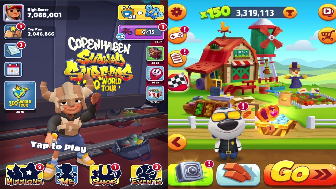 Subway Surfers: Copenhagen! VS Talking Tom Gold Run Walkthrough