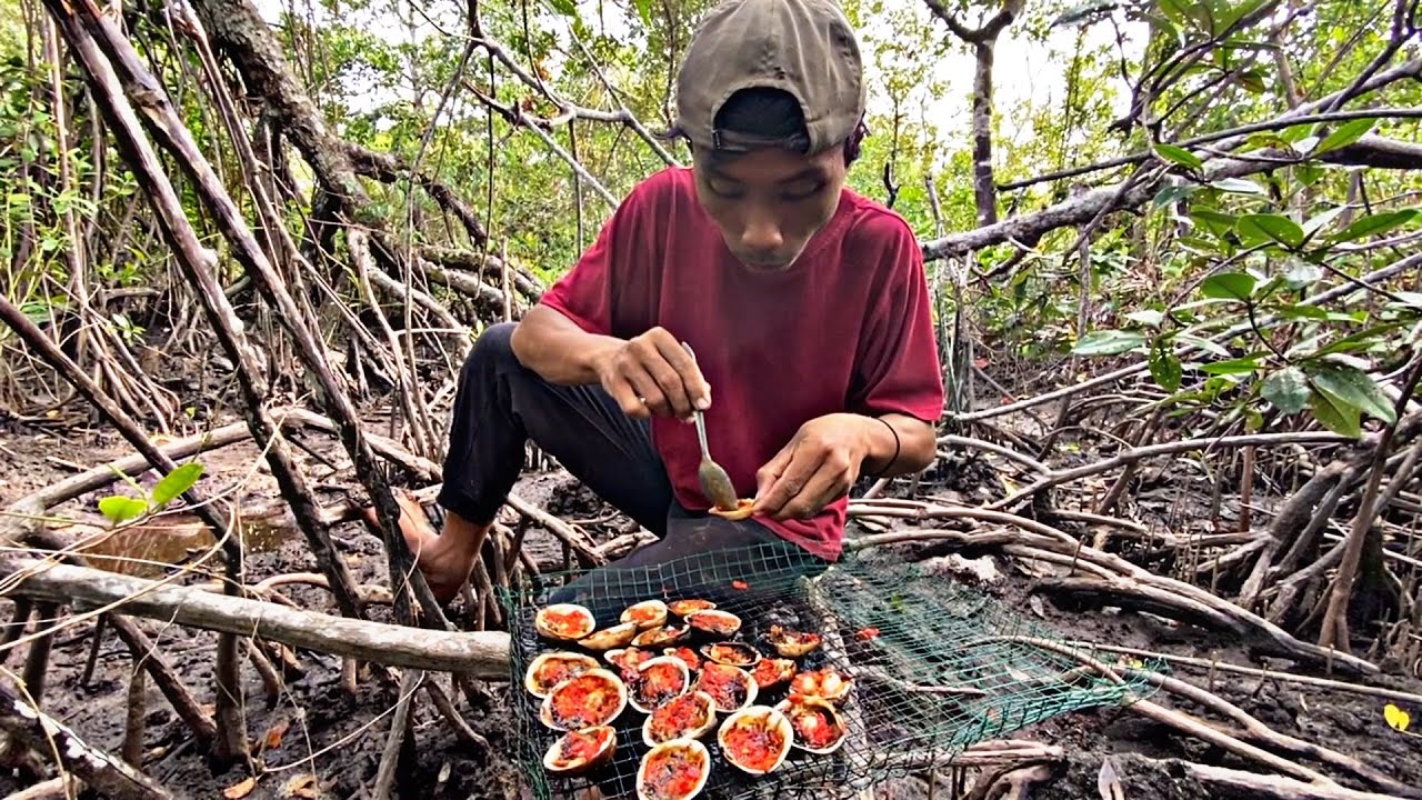 Berburu kerang laut saat air laut surut dan pasang perangkap ikan di rawah hutan hasilnya di masak!!