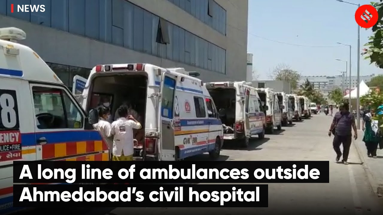 A long line of ambulances outside Ahmedabad’s civil hospital