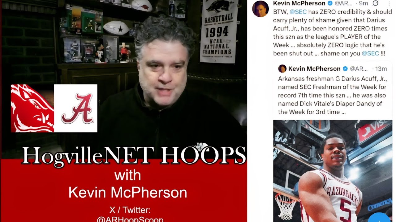 HogvilleNET HOOPS w/Kevin McPherson (MON 2/16/26): Acuff SEC snubs, Hogs RETENTION, UA-Bama preview!