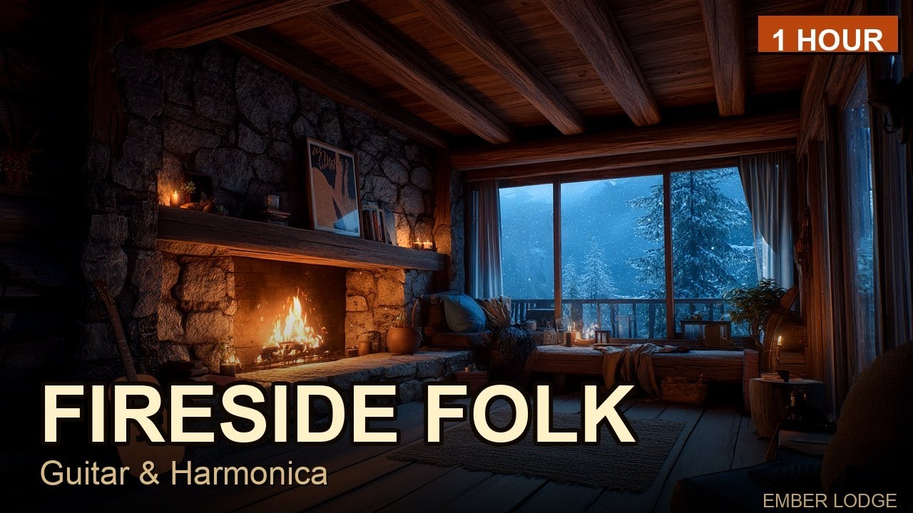 Fireside Folk — Guitar & Harmonica by the Fire for Deep Focus (1 Hour)