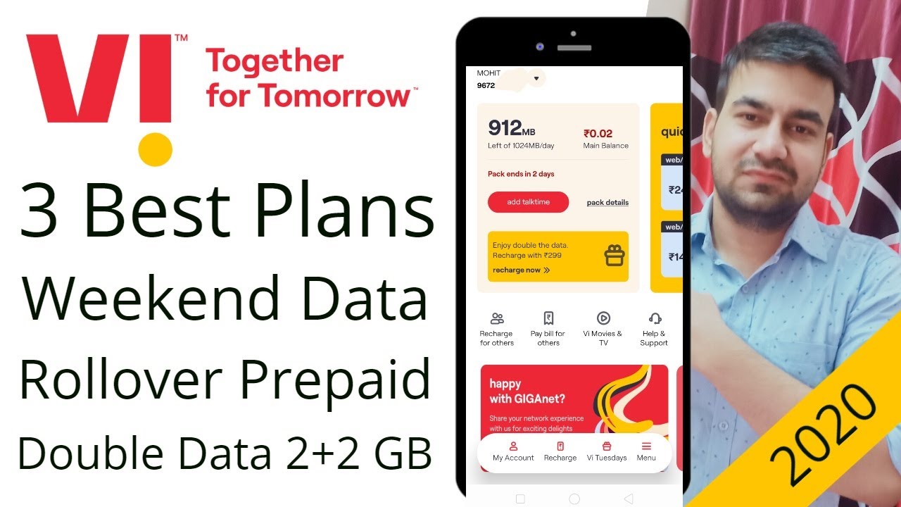 Vodafone idea 3 Best Prepaid Plans - Vi Weekend Data Rollover + Double Data 2+2 = 4 GB Net Data