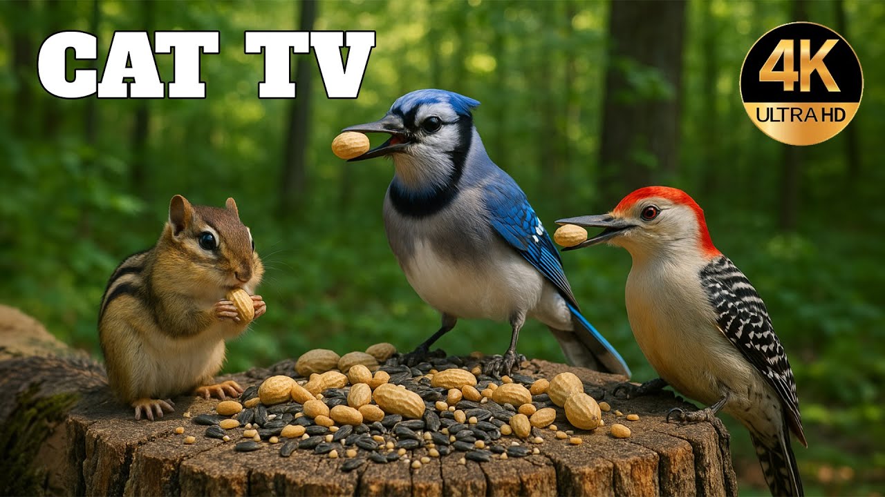CAT TV 4K 😻 Birds Bathing and Squirrels Playing by the Forest Stream [VIDEO FOR CATS]