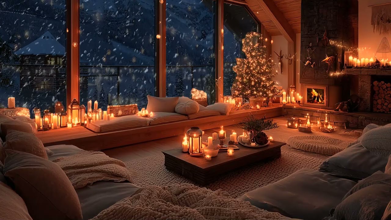 Snowy Christmas Night 2025 | Cozy Fireplace Glow & Soft Music for Deep Relaxation