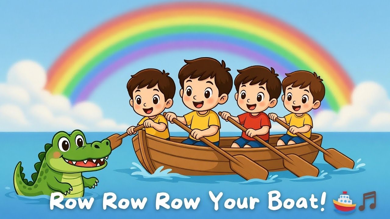 Row Row Row Your Boat | Cute Animals, Crocodile & Rainbow Adventure | Nursery Rhymes for Kids