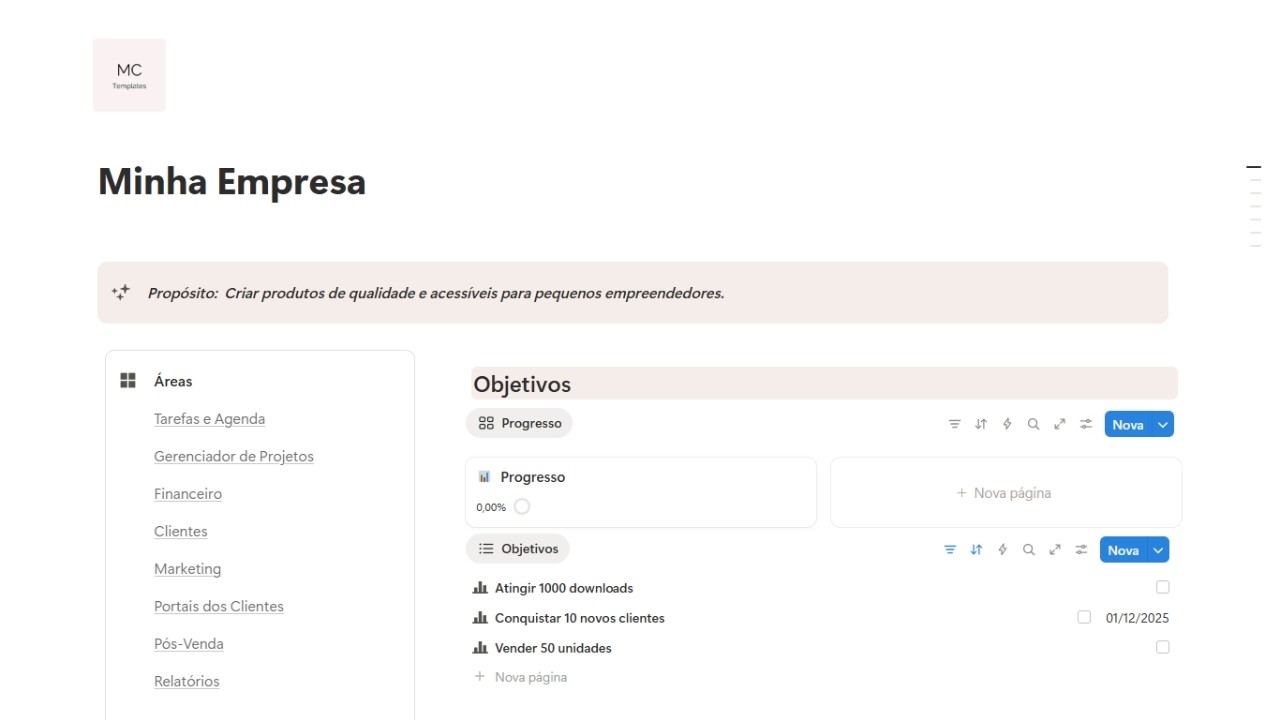 Template no Notion para Gerenciamento de Pequenas Empresas e Autônomos